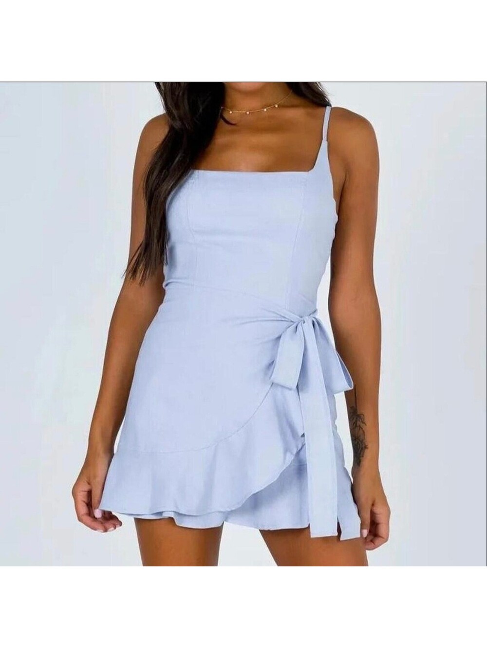 Princess Polly Light Blue Wrap Mini Dress US 4 Tie Waist Ruffle Hem